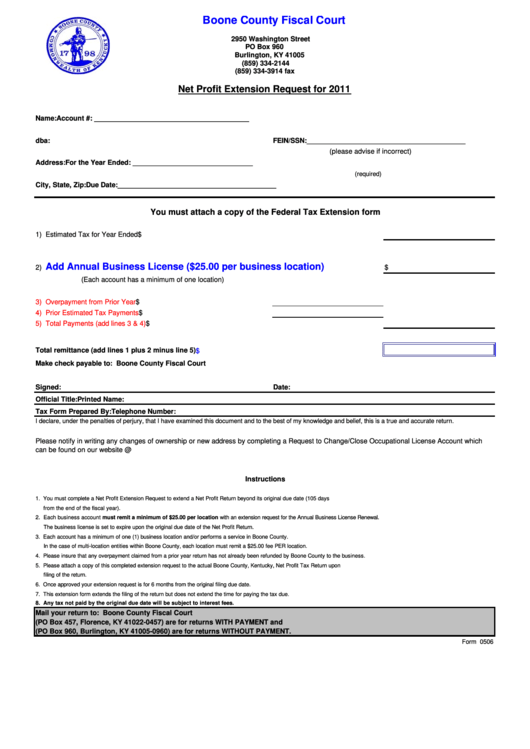 Form 0506 - Net Profit Extension Request - Boone County Fiscal Court - 2011 Printable pdf
