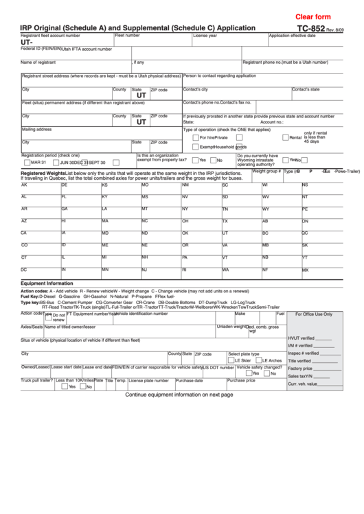 Fillable Form Tc-852 - Irp Original (Schedule A) And Supplemental (Schedule C) Application (2009) Printable pdf