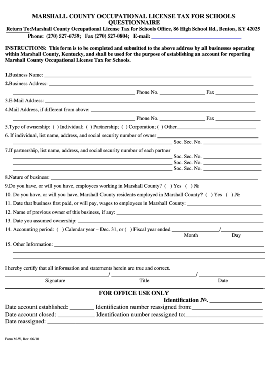 Form M-W - Marshall County Occupational License Tax For Schools Questionnaire Printable pdf
