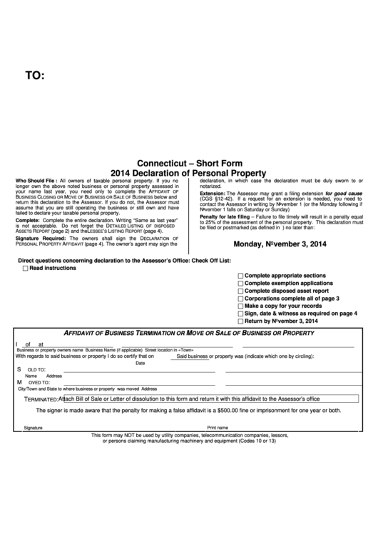 Declaration Of Personal Property - Short Form - Connecticut - 2014 Printable pdf