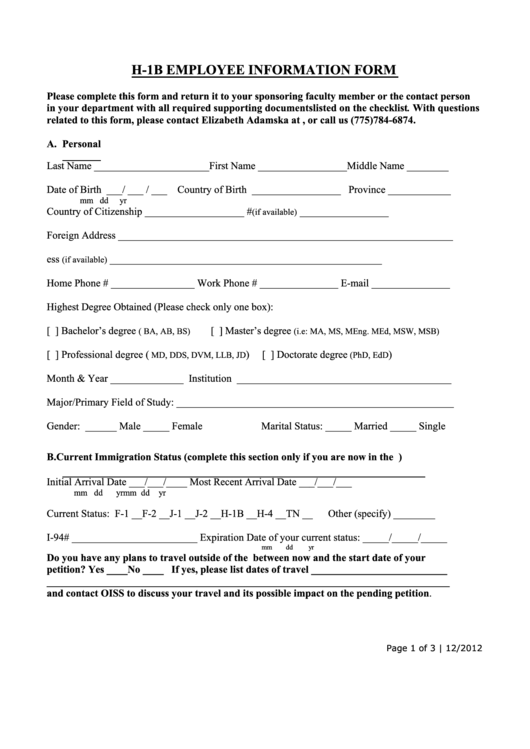 Fillable Form H-1b - Employee Information Form - 2012 Printable pdf
