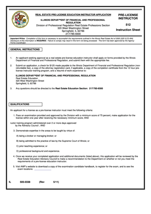 Form Il 505-0338 - Real Estate Pre-License Education Instructor Application - 2011 Printable pdf