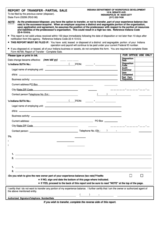 Form 23299 - Report Of Transfer - Partial Sale - 1996 Printable pdf