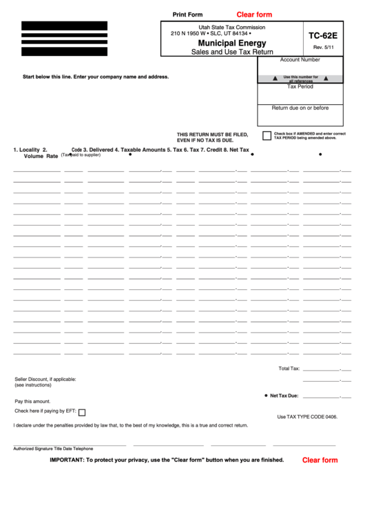 Fillable Form Tc-62e - Municipal Energy Sales And Use Tax Return (2011) Printable pdf