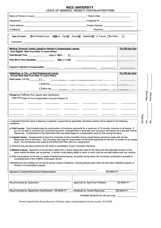 Fillable Leave Of Absence / Benefit Continuation Form - 2005 Printable pdf