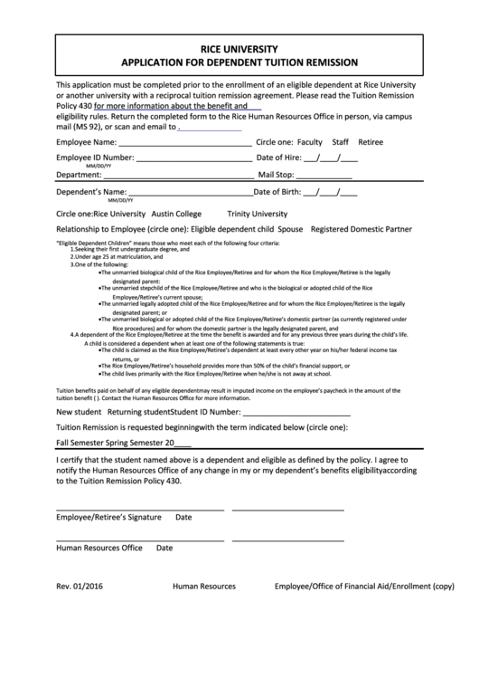 Fillable Application For Dependent Tuition Remission Form Printable pdf