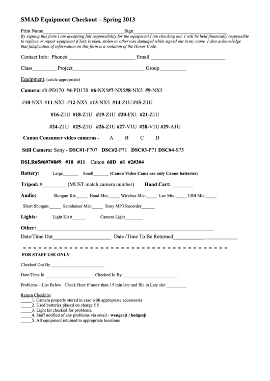 Smad Equipment Checkout Template - Spring 2013