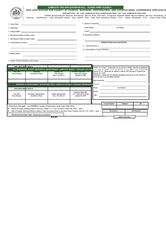 Form 8ta-E1 - Application For County Of Fairfax, Business, Professional And Occupational License - 2002 Printable pdf