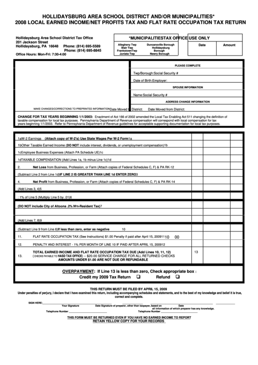 2008 Local Earned Income/net Profits Tax And Flat Rate Occupation Tax Return - Hollidaysburg Area Printable pdf
