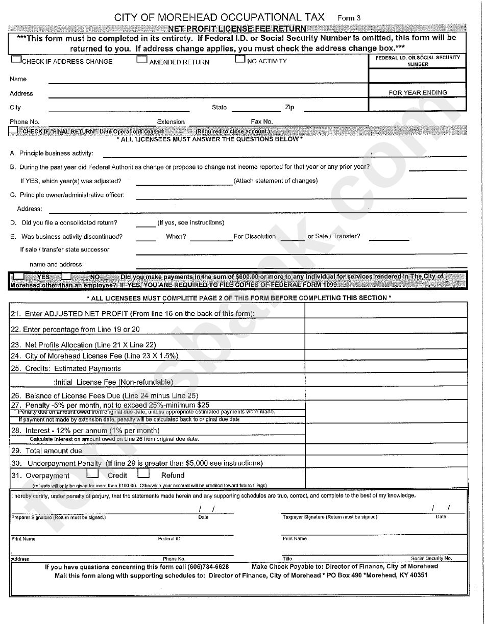 Form 3 City Of Morehead Occupational Tax Net Profit License Fee