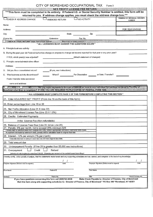 Form 3 - City Of Morehead Occupational Tax - Net Profit License Fee 