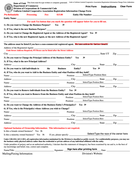 Fillable Uniform Limited Cooperative Association Registration Information Change Form - Utah Department Of Commerce Printable pdf