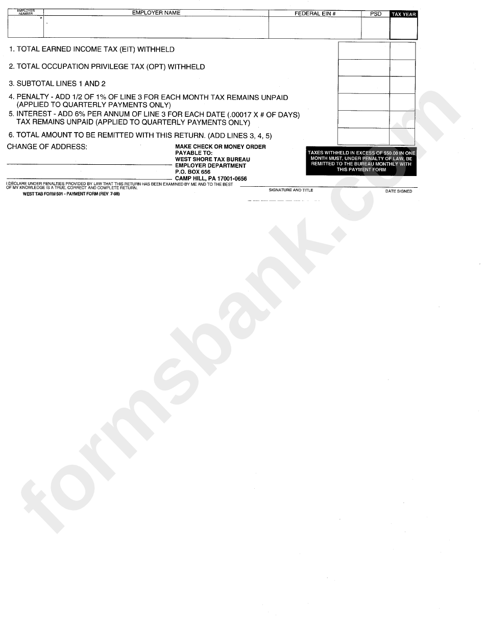 West Tab Form 501 - Payment Form - Pennsylvania Employer Department