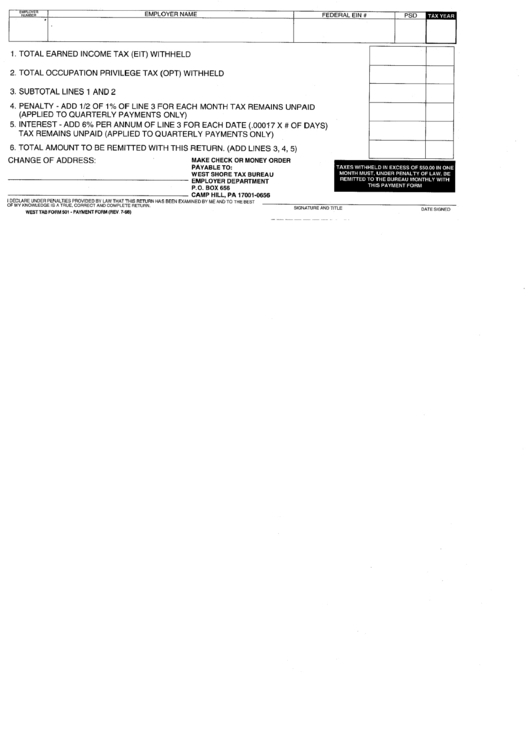 West Tab Form 501 - Payment Form - Pennsylvania Employer Department Printable pdf