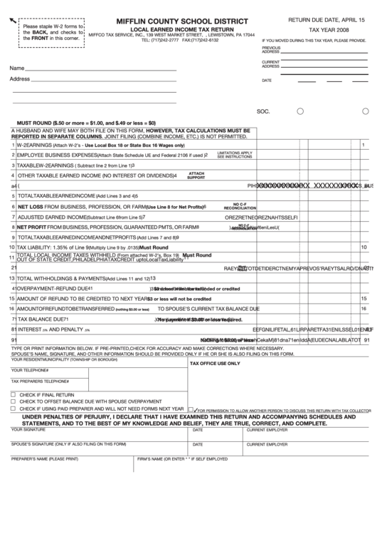 Local Earned Income Tax Return - Mifflin County School District - 2008 Printable pdf