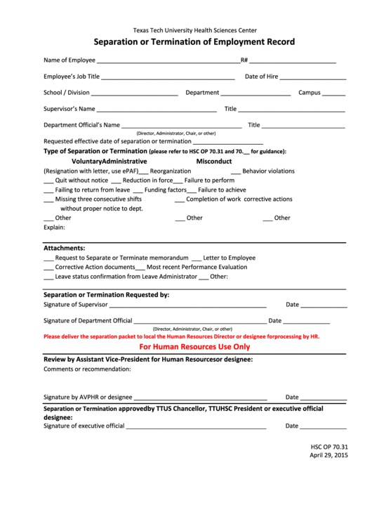 Fillable Separation Or Termination Of Employment Record Form Printable pdf