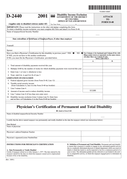 Form D-2440 - Attachment To Form D-40 - Disability Income Exclusion - 2001 Printable pdf