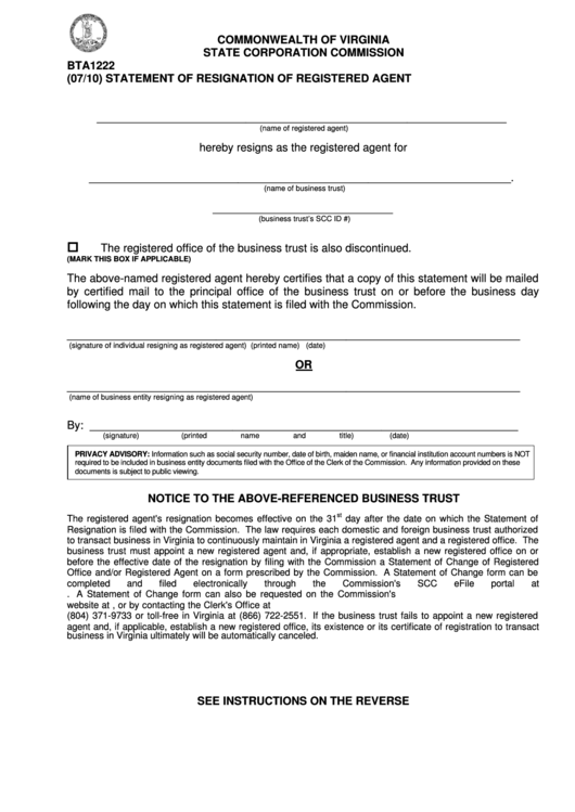 Form Bta1222 - Statement Of Resignation Of Registered Agent Printable pdf