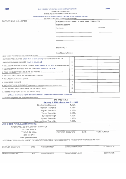Taxable Income Return Form - 2008 - Tyrone Printable pdf
