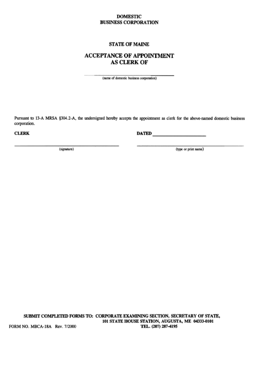 Form Mbca-18a - Acceptance Of Appointment As Clerk - Maine Secretary Of State Printable pdf