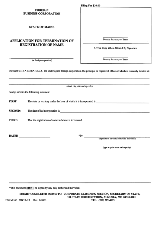 Form Mbca-2a - Application For Termination Of Registration Of Name - Maine Secretary Of State