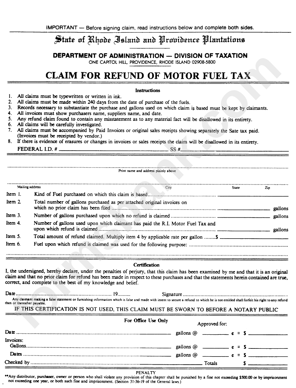 Claim For Refund Of Motor Fuel Tax Form - Rhode Island Department Of Administration