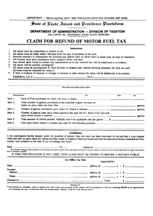 Claim For Refund Of Motor Fuel Tax Form - Rhode Island Department Of Administration Printable pdf