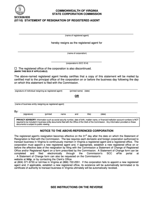 Form Scc636/835 - Statement Of Resignation Of Registered Agent Printable pdf