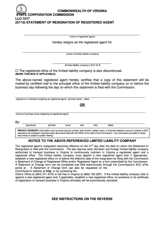 Form Llc-1017 - Statement Of Resignation Of Registered Agent Printable pdf