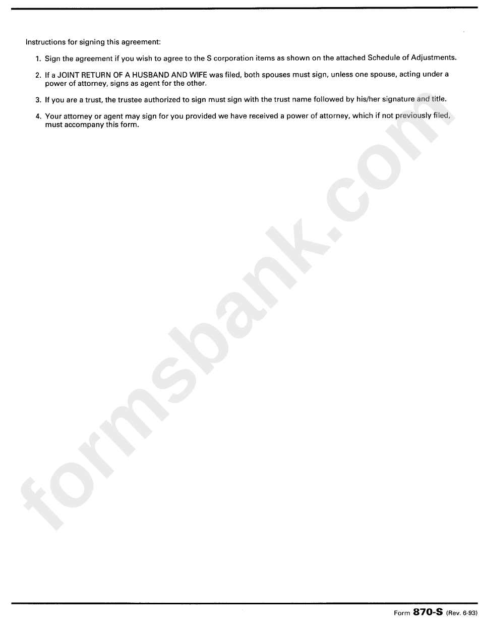 Form 870-S - Instructions For Signing Agreement