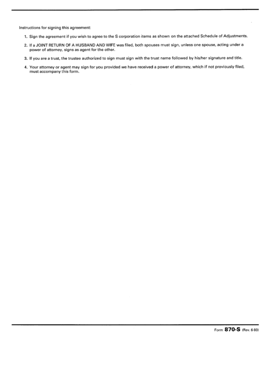 Form 870-S - Instructions For Signing Agreement Printable pdf