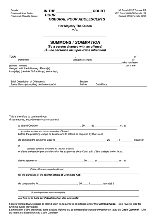Ns Form 2/6 - Summons - Canada, Nova Scotia Printable pdf