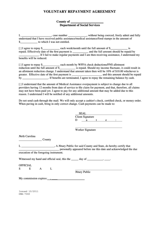 Form Dma-7060 - Voluntary Repayment Agreement - North Carolina Department Of Social Services Printable pdf
