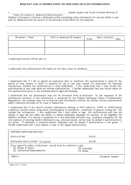 Fillable Form Dma-7097 - Request And Authorization To Disclose Health Information - North Carolina Printable pdf