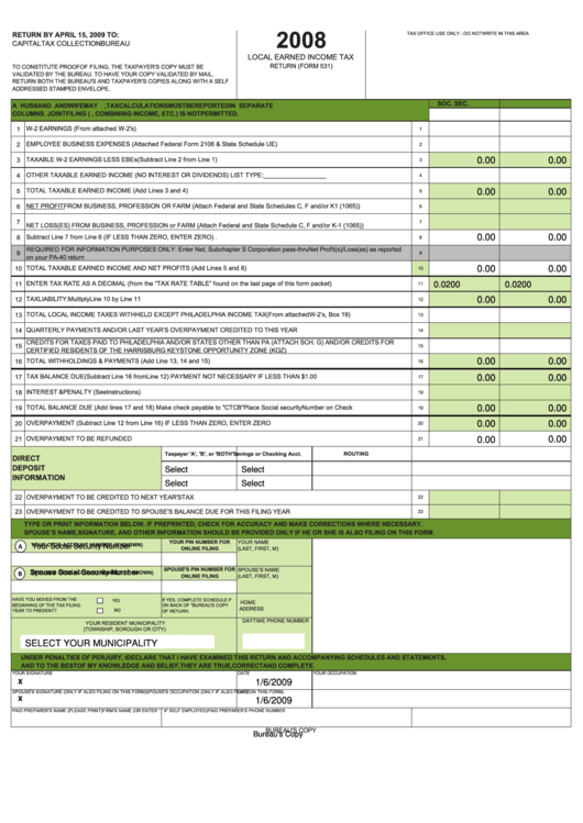 Fillable Form 531 - Local Earned Income Tax Return - 2008 Printable pdf