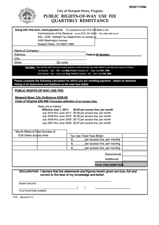 Fillable Form Cor - Public Rights-Of-Way Use Fee Quarterly Remittance Printable pdf