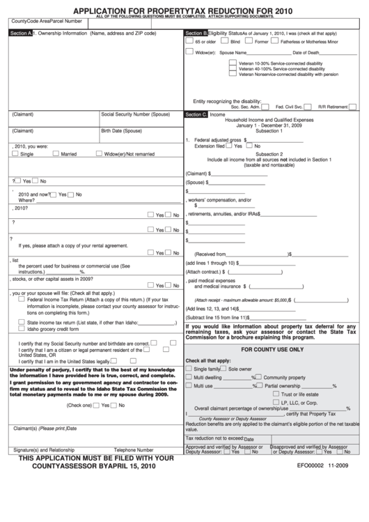 Application For Property Tax Reduction - Idaho County Assessor - 2010 Printable pdf