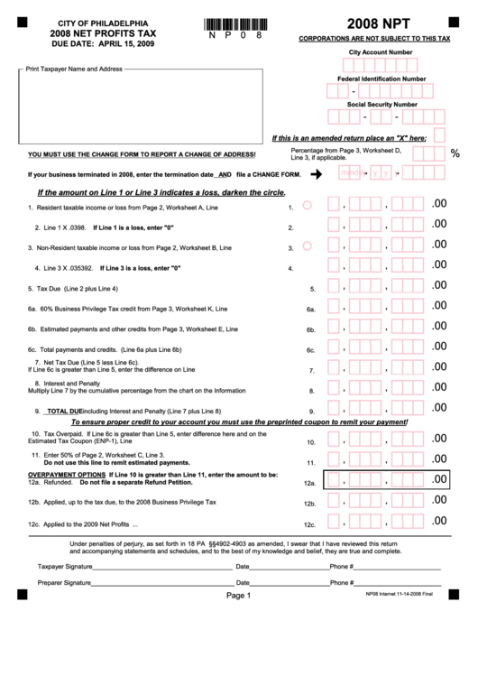 Form Npt - Net Profits Tax - City Of Philadelphia - 2008 Printable pdf