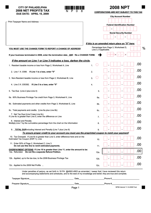 Form Npt Net Profits Tax City Of Philadelphia 2008 Printable Pdf 