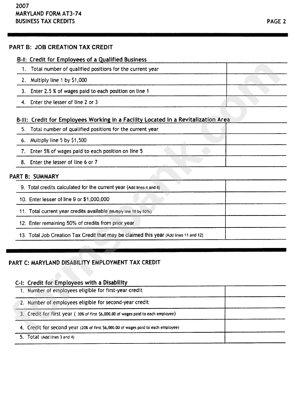 Form At3-74 - Business Tax Credit 2007 - State Of Maryland