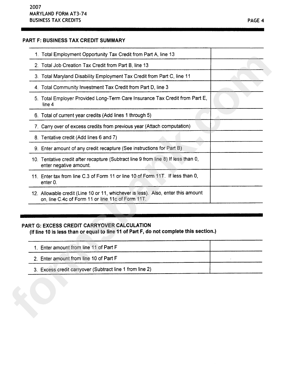Form At3-74 - Business Tax Credit 2007 - State Of Maryland