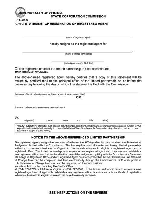 Form Lpa-73.6 - Statement Of Resignation Of Registered Agent Printable pdf