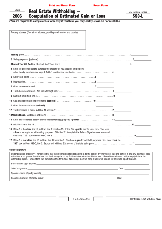 Fillable California Form 593 L Real Estate Withholding Computation Of Estimated Gain Or Loss 7799