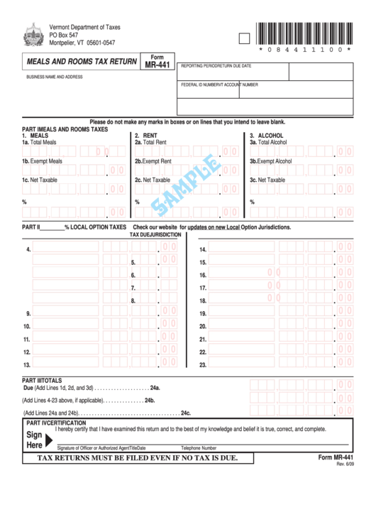 Form Mr-441 - Meals And Rooms Tax Return Printable pdf