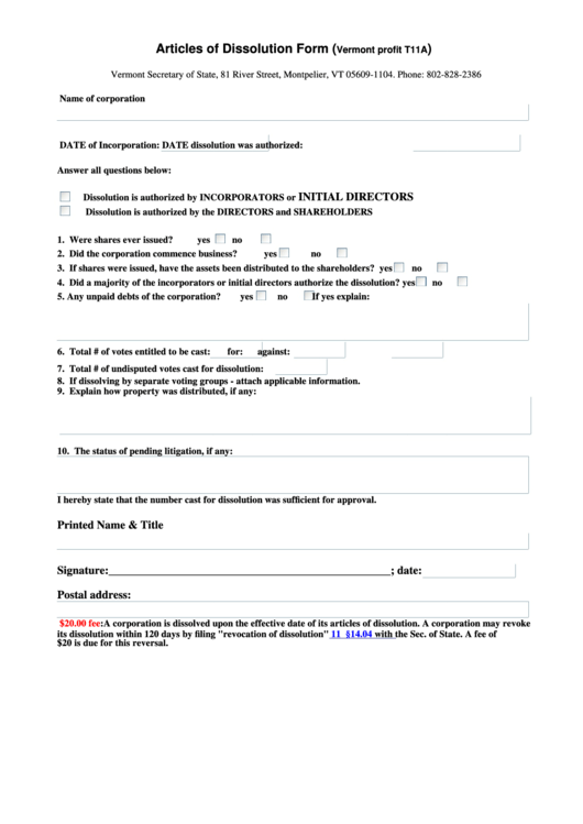 Articles Of Dissolution Form Printable pdf