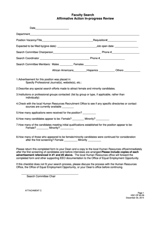 Faculty Search Affirmative Action In-Progress Review Form - 2014 Printable pdf