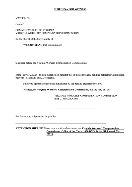 Subpoena For Witness Printable pdf