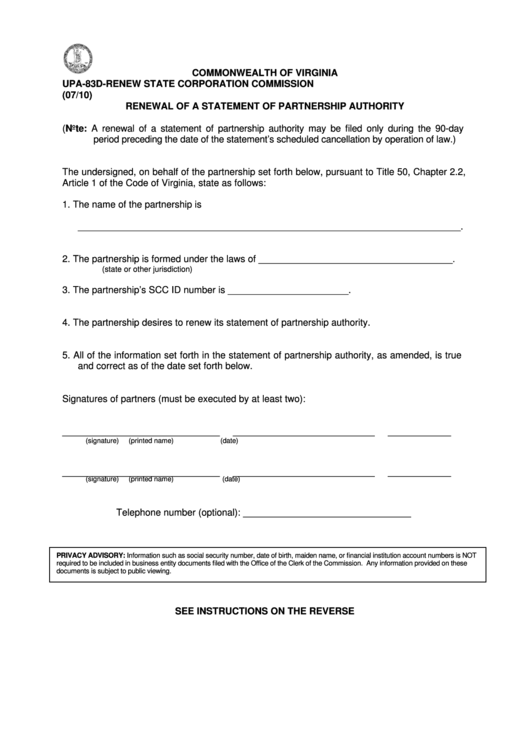 Form Upa-83d-Renew - Renewal Of A Statement Of Partnership Authority (2010) Printable pdf