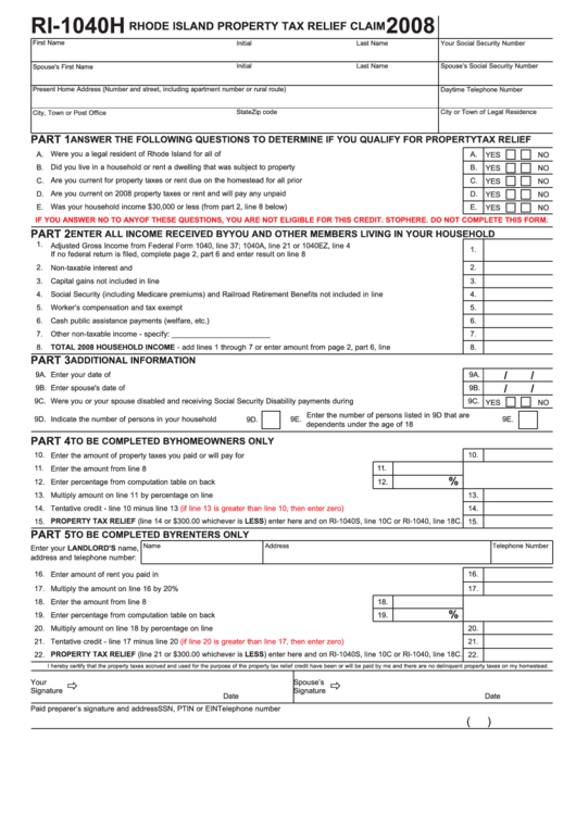Form Ri-1040h - Rhode Island Property Tax Relief Claim - 2008 Printable pdf