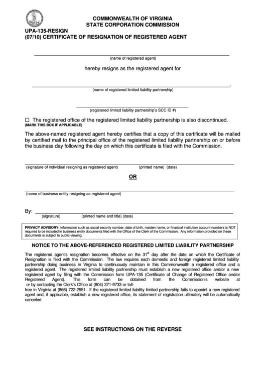 Form Upa-135-Resign - Certificate Of Resignation Of Registered Agent Printable pdf
